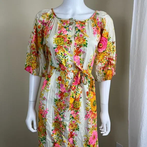 Vintage Miss Elaine Women Size S Floral Ruffle Maxi Dress 70s Retro Boho Peasant - Picture 5 of 17